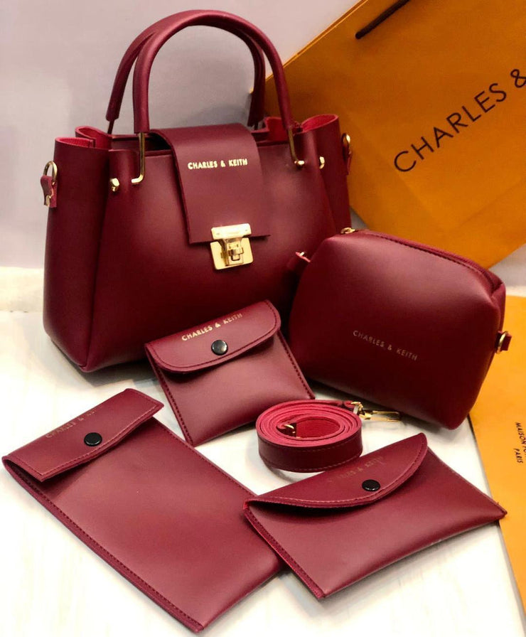 5 Pcs Women's PU Leather Plain Hand Bag Set